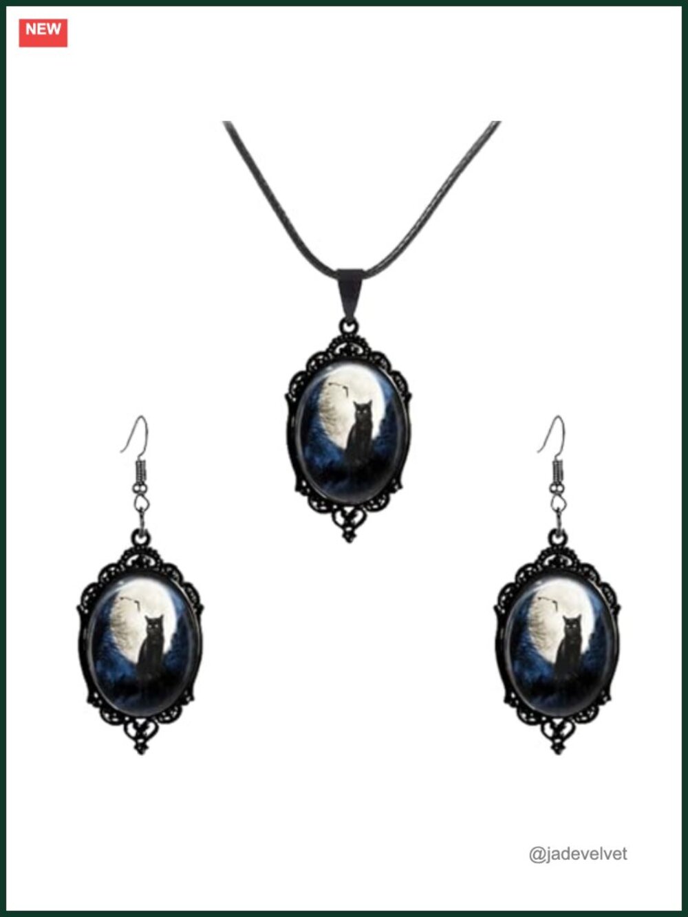 Gothic Black Cat Cameo Necklace Earrings Set with Pumpkin Bat Motifs